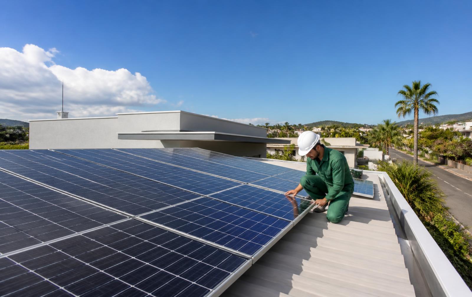 Técnico com capacete branco inspecionando placas solares no telhado de uma residência sob céu azul